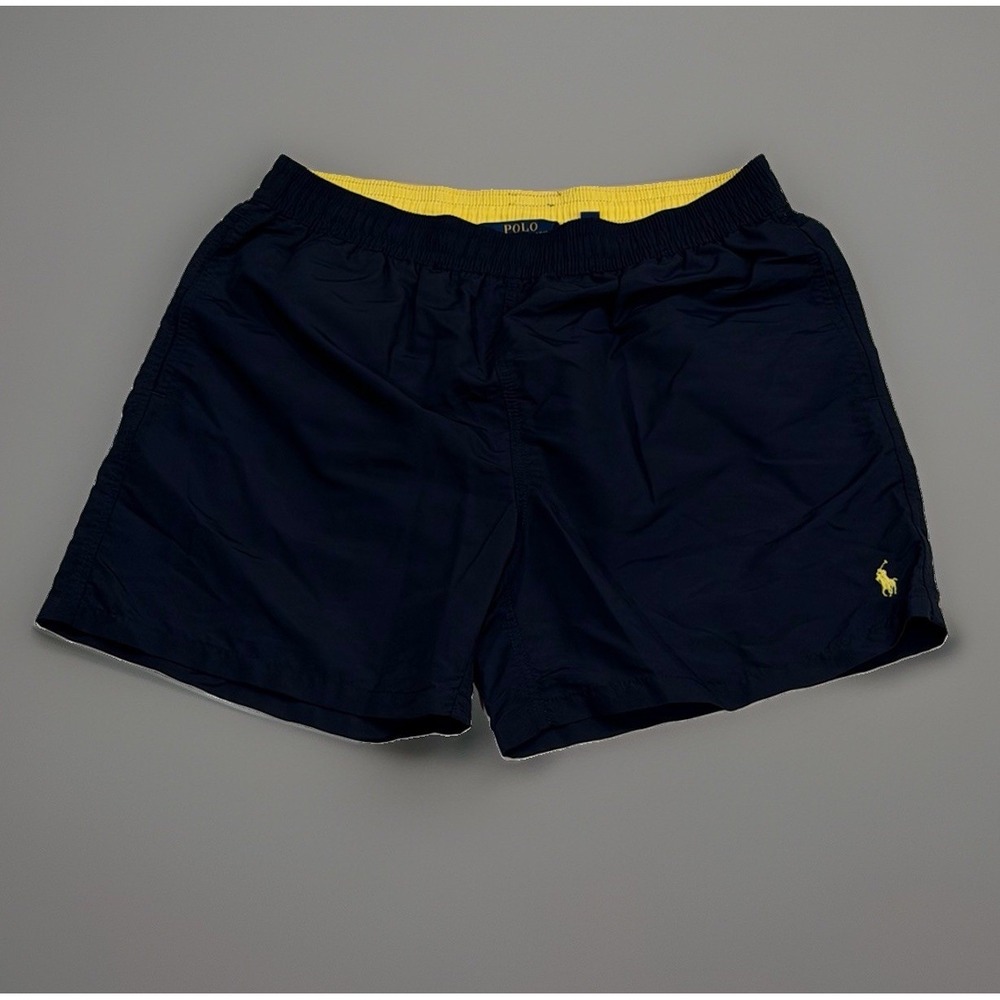 Polo Ralph Lauren Men's XL Navy Blue Yellow‎ Pony Lined Swimming Trunks Pockets